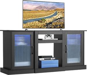 Porta TV fino a 65 pollici con striscia luminosa, tavolo TV in legno con ante e ripiani regolabili, mobile TV a consolle per soggiorno e camera da letto, nero