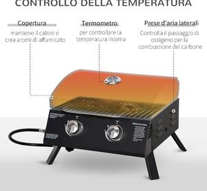 Outsunny Barbecue a Gas Pieghevole con Coperchio, Termometro e 2 Bruciatori in Acciaio, 55x46.5x41 cm, Nero