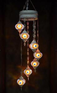 Lampada a sospensione in vetro blu con mosaico colorato, lampadario orientale, 7 sfere di vetro, realizzata a mano in Turchia