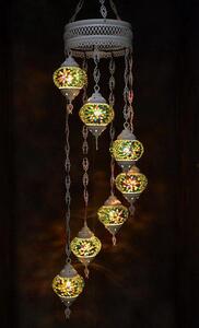 Lampada a sospensione in vetro verde con mosaico colorato, lampadario orientale con 7 sfere, realizzato a mano in Turchia