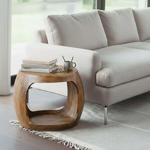 WOHNLING Tavolino da salotto 50 cm in legno massello di mango, rotondo con ripiano, tavolino da salotto in vero legno, realizzato a mano, tavolino da soggiorno dal design naturale, fatto a mano