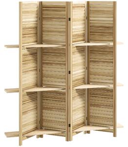 HOMCOM Paravento interno in legno a 4 pannelli, pieghevole con 3 ripiani, 160 x 170 cm, Legno naturale | Aosom Italy