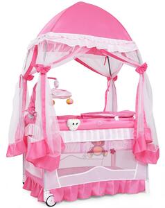 Costway Doppio lettino portatile per bambino con tenda Yurta e ruote Culla lettino per bimbi con zanzariera e giostra 110x78x200cm Rosa