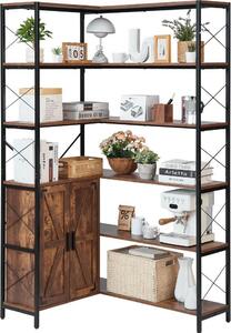 Scaffale angolare a 6 livelli, scaffale angolare alto con ante - Scaffale a L con struttura in metallo e ripiani in legno - Scaffale da esposizione come libreria per camera da letto, soggiorno, ufficio - Marrone