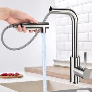 Rubinetto da cucina girevole, rotazione a 360 gradi, due funzioni di getto, regolazione separata dell'acqua calda e fredda, acciaio inossidabile spazzolato (modello a L color argento)