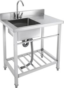Lavabo freestanding, Con rubinetto, Struttura in acciaio inox, Ampie possibilità di contenimento, Argento