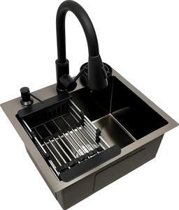 Lavello da cucina, rubinetto estraibile, accessori integrati, nero