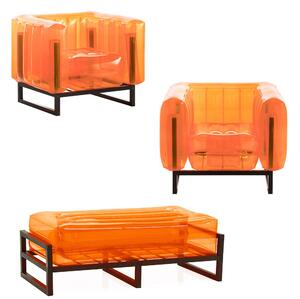 Divano, Poltrona, Panca Tris Gonfiabili dimensioni Divano 76x151x h 69 cm , Poltrona 70x83x h 77 cm, Pouf doppio 140x83x h 45 cm seduta gonfiabile in TPU colore colore arancio fluo