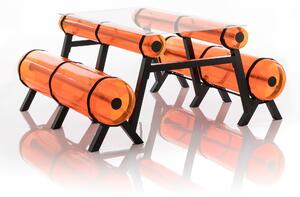 Panca ziba struttura in alluminio, dimensioni 167x156xH75 cm peso 32,4 kg, seduta gonfiabile in PVC colore arancio