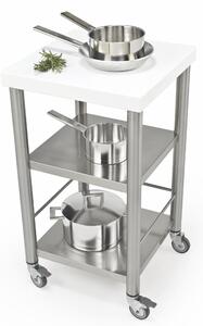Carrello da cucina in pietra acrilica bianca e top da lavoro pietra acrilica bianca, dimensioni 50x50x h 90 cm peso 20 kg portata massima 75 kg