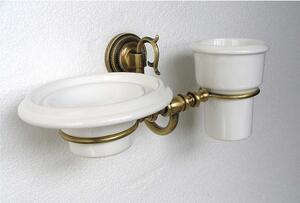 Porta Sapone pi� porta bicchieri Sospeso in Ottone con Bicchiere in Ceramica Dimensione 14x20xh 10 cm, Linea FLORENCE bicchiere in ceramica Bronzo Satinato