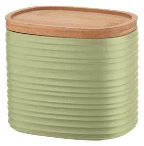 Barattolo realizzati riciclando 4,9 bottiglie di plastica 12.3x9.4x h11 cm � 500cc con coperchio in Legno di bamboo salva freschezza e guarnizione sul tappo Verde Alga