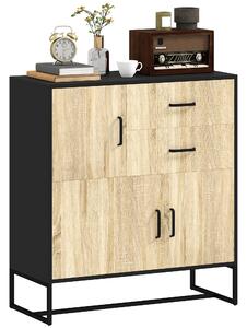 HOMCOM Credenza Moderna con 3 Armadietti e 2 Cassetti, in Truciolato e Acciaio, 80x35x88 cm, Nero e color Legno