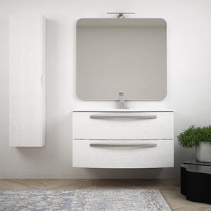 Mobile per bagno bianco frassino 100 cm sospeso design curvo Mod. Berlino con specchio filo lucido e colonna da 140 cm