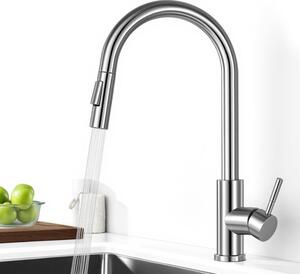 Miscelatore da cucina estraibile ad alta pressione con doccetta, 2 modalità, girevole a 360°, monocomando, in acciaio inossidabile 304, colore argento