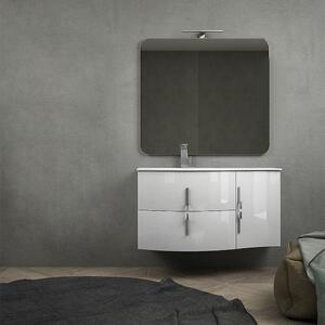 Mobile da bagno sospeso 105 cm Bianco lucido con specchio filo lucido, lavabo a sinistra