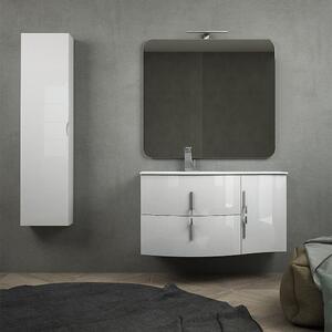 Mobile da bagno sospeso 105 cm Bianco lucido con specchio filo lucido, colonna da 140 cm e lavabo a destra