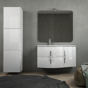 Mobile da bagno sospeso 105 cm Bianco lucido con specchio filo lucido, colonna da 170 cm e lavabo a sinistra