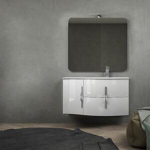 Mobile da bagno sospeso 105 cm Bianco lucido con specchio filo lucido, lavabo a destra