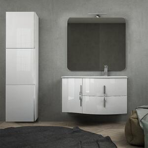 Mobile da bagno sospeso 105 cm Bianco lucido con specchio filo lucido, colonna da 170 cm e lavabo a destra