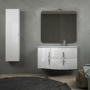 Mobile da bagno sospeso 105 cm Bianco lucido con specchio filo lucido, colonna da 140 cm e lavabo a sinistra
