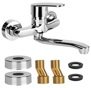 Miscelatore da cucina, montaggio a parete, girevole a 360°, monocomando, acqua fredda e calda, 24 cm, con braccio girevole, finitura cromata