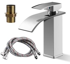 Miscelatore monocomando per lavabo, modello "waterfall", in acciaio inossidabile cromato, finitura argento, a basso consumo di acqua