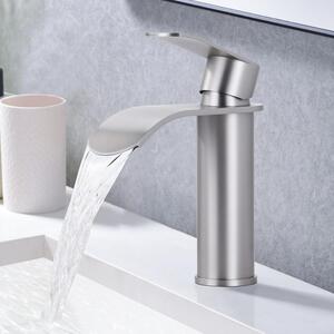 Miscelatore per lavabo con erogatore a cascata, finitura in nichel spazzolato, acciaio inossidabile, montaggio a foro singolo