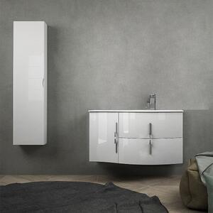 Mobile da bagno sospeso 105 cm Bianco lucido con colonna da 140 cm e lavabo a destra