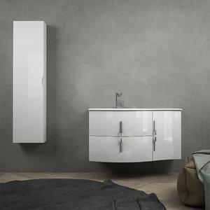 Mobile da bagno sospeso 105 cm Bianco lucido con colonna da 140 cm e lavabo a sinistra