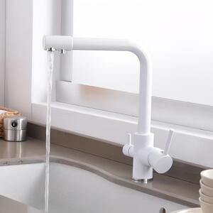 Rubinetto per lavello da cucina, a 3 vie, con filtro, girevole a 360°, colore bianco