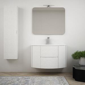 Composizione mobile da bagno Bianco frassino 90 cm sospeso bombato con specchio filo lucido e colonna da 140 cm