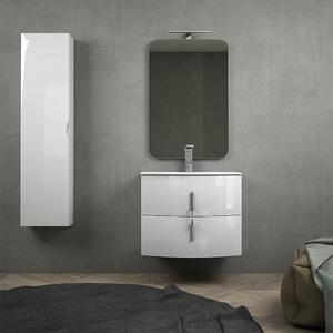 Mobile da bagno sospeso bianco lucido 70 cm con specchio filo lucido e colonna da 140 cm