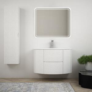 Composizione mobile da bagno Bianco frassino 90 cm sospeso bombato con specchio led e colonna da 140 cm
