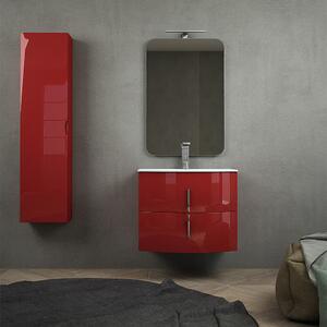 Mobile da bagno rosso lucido 70 cm sospeso con specchio filo lucido e colonna da 140 cm