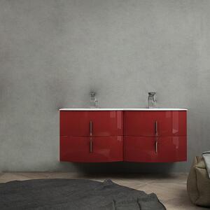 Mobile bagno rosso lucido doppio lavabo 140 cm sospeso senza specchio e senza colonna