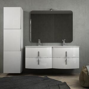 Mobile bagno doppio lavabo 140 cm bianco lucido sospeso con specchio filo lucido e colonna da 170 cm