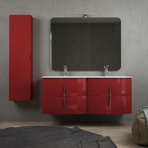 Mobile bagno rosso lucido doppio lavabo 140 cm sospeso con specchio filo lucido e colonna da 140 cm