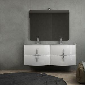 Mobile bagno doppio lavabo 140 cm bianco lucido sospeso con specchio filo lucido