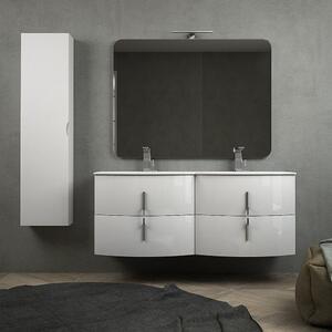 Mobile bagno doppio lavabo 140 cm bianco lucido sospeso con specchio filo lucido e colonna da 140 cm