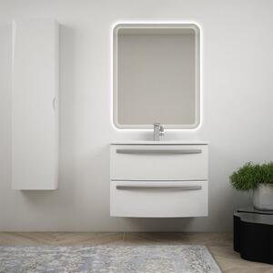 Mobile bagno sospeso 75 cm design tondo bianco lucido - Berlino con specchio led e colonna da 140 cm