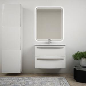 Mobile bagno sospeso 75 cm design tondo bianco lucido - Berlino con specchio led e colonna da 170 cm