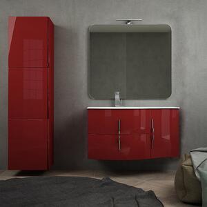 Mobile bagno sospeso rosso lucido 105 cm con specchio filo lucido, colonna da 170 cm e lavabo a sinistra