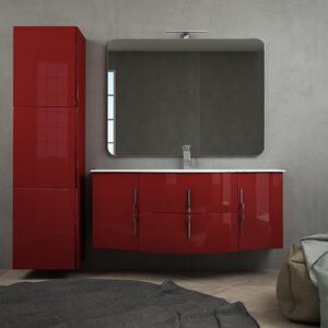 Mobile bagno rosso lucido sospeso Praga 140 cm con specchio filo lucido e colonna da 170 cm