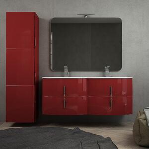 Mobile bagno rosso lucido doppio lavabo 140 cm sospeso con specchio filo lucido e colonna da 170 cm