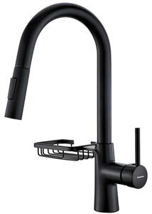Miscelatore da cucina con doccetta estraibile, alta pressione, girevole a 360°, 2 modalità di getto, cesto portaoggetti, finitura cromata