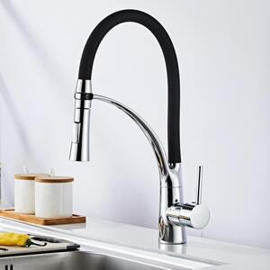 Rubinetto da cucina, girevole a 360°, nero, con tubo in silicone e due tipi di getto
