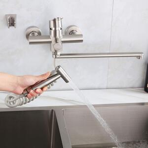 Miscelatore da cucina a parete con erogatore a spruzzo, girevole a 360°, con bocchetta da 350 mm, in acciaio inossidabile spazzolato