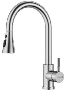 Miscelatore da cucina estraibile, 3 modalità, finitura in nichel spazzolato, acciaio inossidabile, design ad arco alto