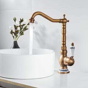 Rubinetto da cucina in stile retrò, in ottone, con braccio curvo, ideale per lavelli, dal design vintage e di colore marrone